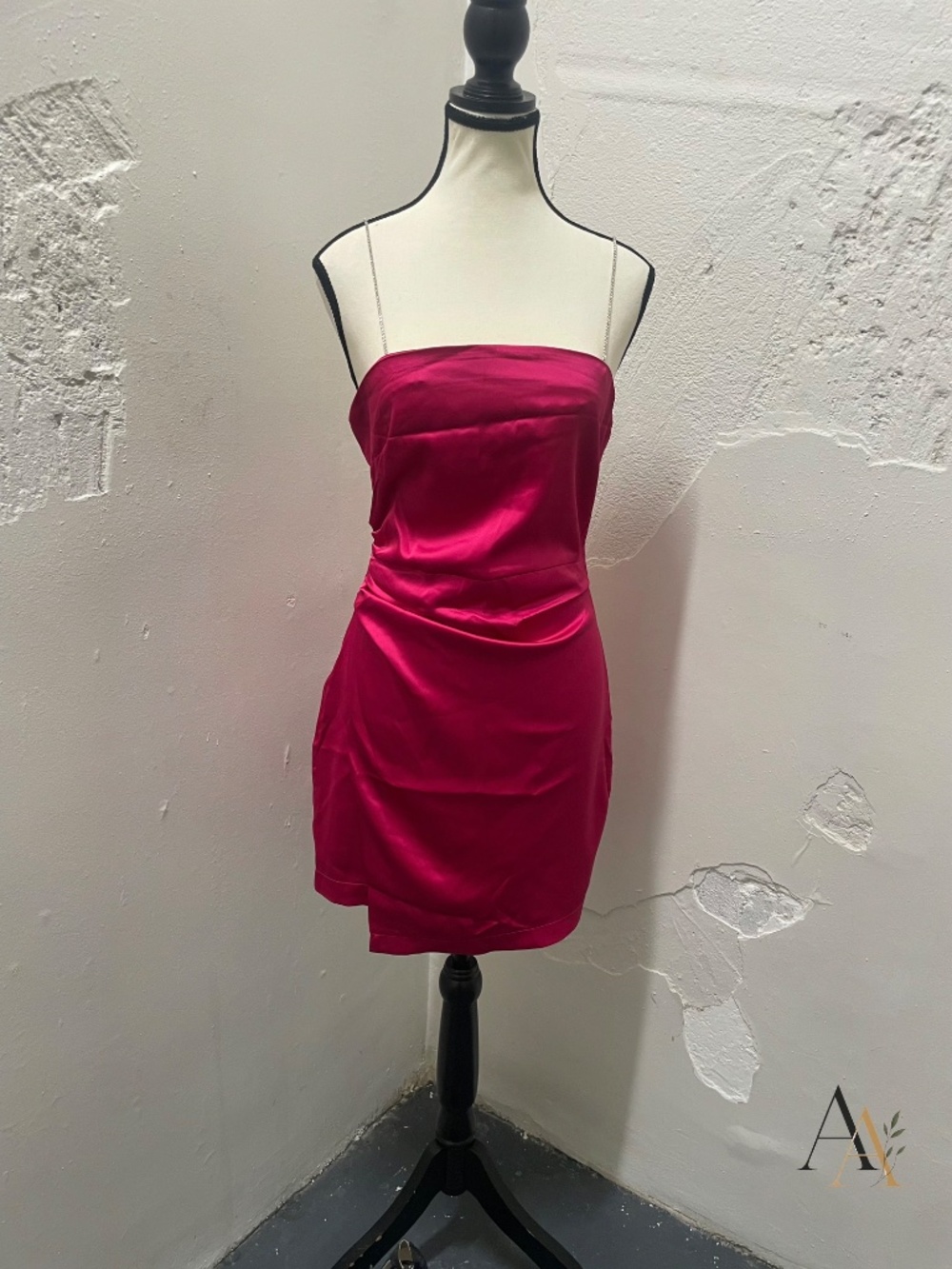Zara Magenta Satin Effect Mini Dress - Rhinestone Chain Straps - Size M - Picture 2 of 11